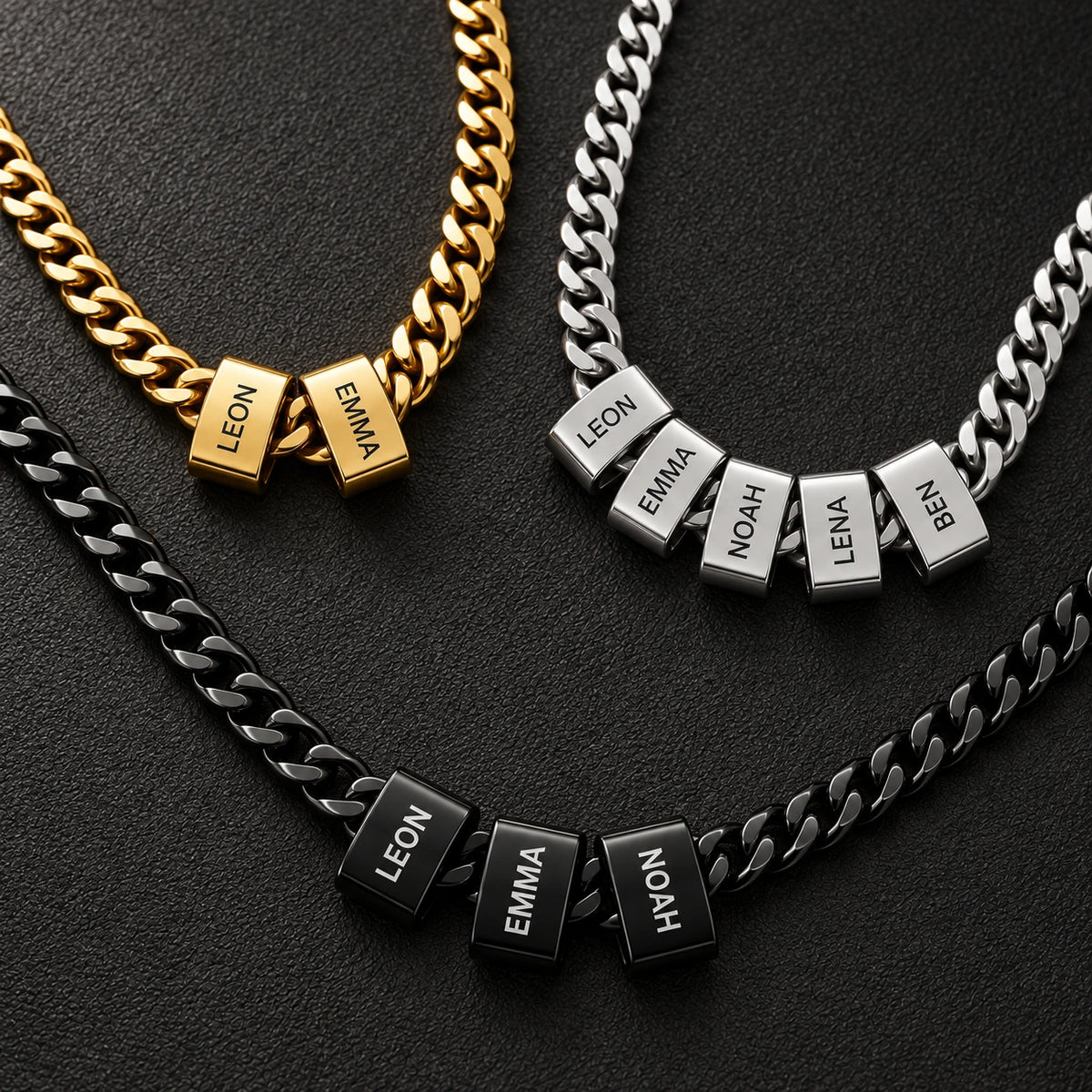 Cuban Chain mit gravierten Beads in Schwarz, Silber und Gold im Vergleich
