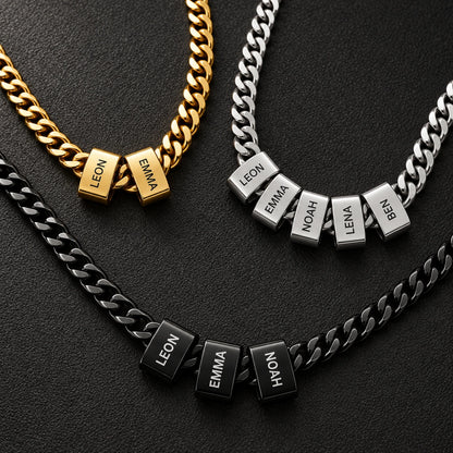 Cuban Chain mit gravierten Beads in Schwarz, Silber und Gold im Vergleich