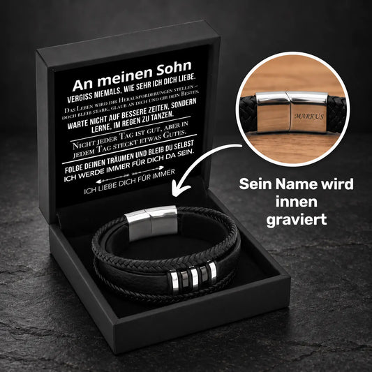 Geschenkbox mit Karte An meinen Sohn und Lederarmband mit Weißgold-Verschluss, Ausschnitt zeigt Namensgravur MARKUS