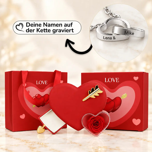 Rote Amor-Rosenbox mit Geschenktüte und gravierter Doppelherz-Halskette in Weißgold