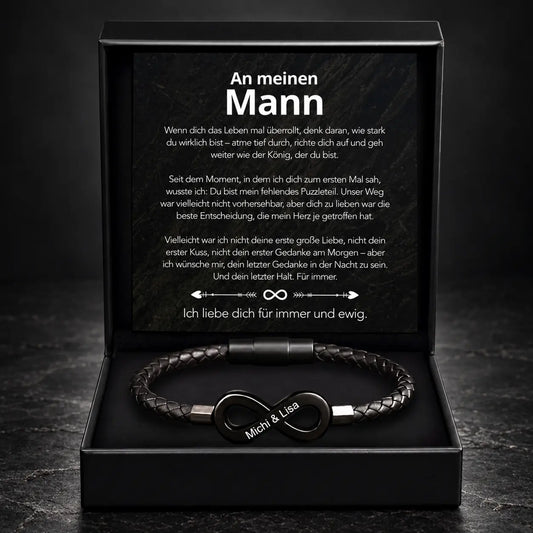 Schwarze Premium-Geschenkbox mit Karte An meinen Mann und geflochtenem Infinity-Armband mit schwarzem Anhänger