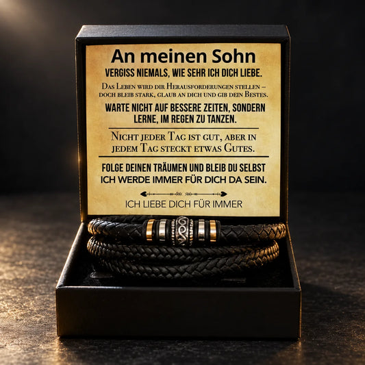 Schwarzes Lederarmband mit antikgoldenen Elementen in schwarzer Geschenkbox mit Karte An meinen Sohn