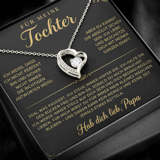 Silberner Herzanhänger mit Zirkonia auf der schwarz-goldenen Karte Für meine Tochter von Papa, in schwarzer Box