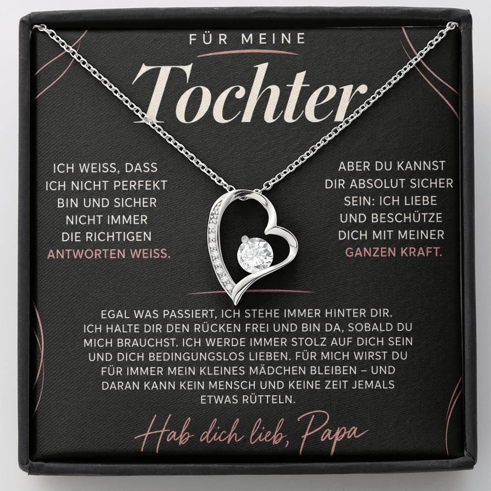 Silberner Herzanhänger auf der roséfarbenen Papa-Karte in weißer Geschenkbox von oben