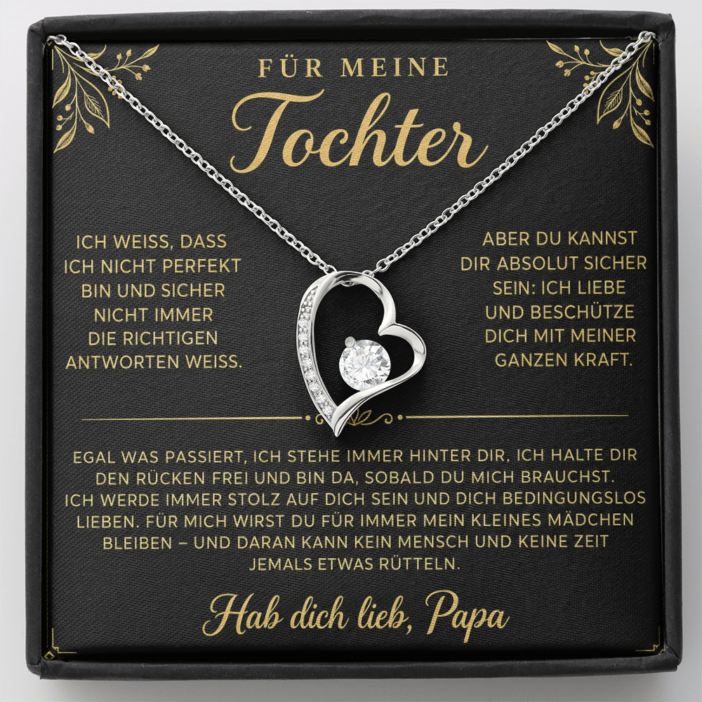 Silberner Herzanhänger auf der schwarz-goldenen Papa-Karte in weißer Geschenkbox von oben